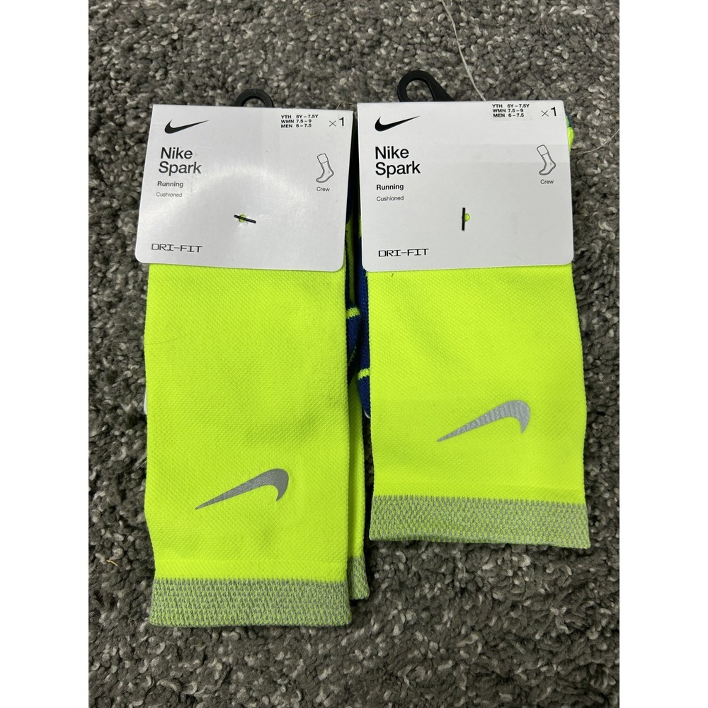 Nike Womens Size 7.5-9 Volt Green Blue Crew Cushioned Socks 2 Pair